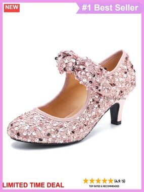 Glitter Sequin Bow Mary Jane Kitten Heel Dress Pumps